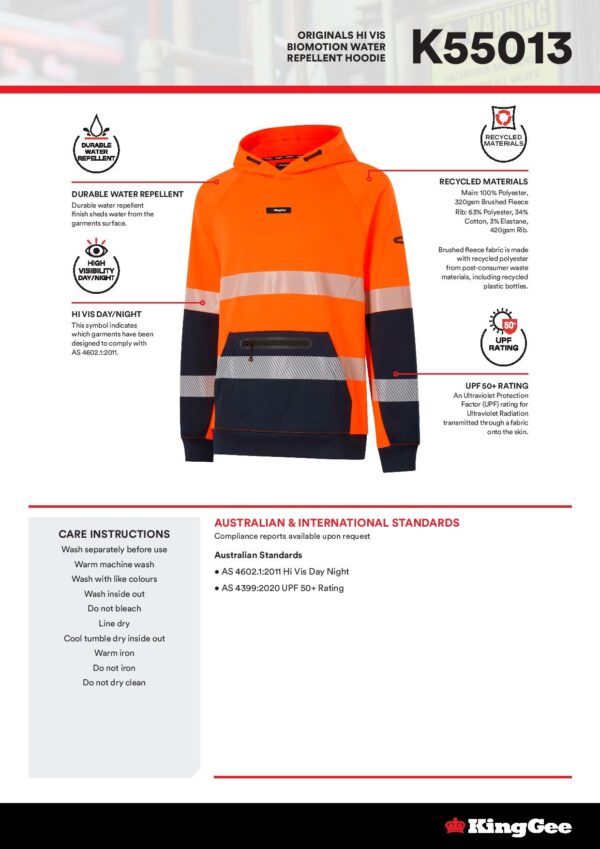 KingGee K55013 Originals Hi Vis Reflective Water Repellent Hoodie - Image 9