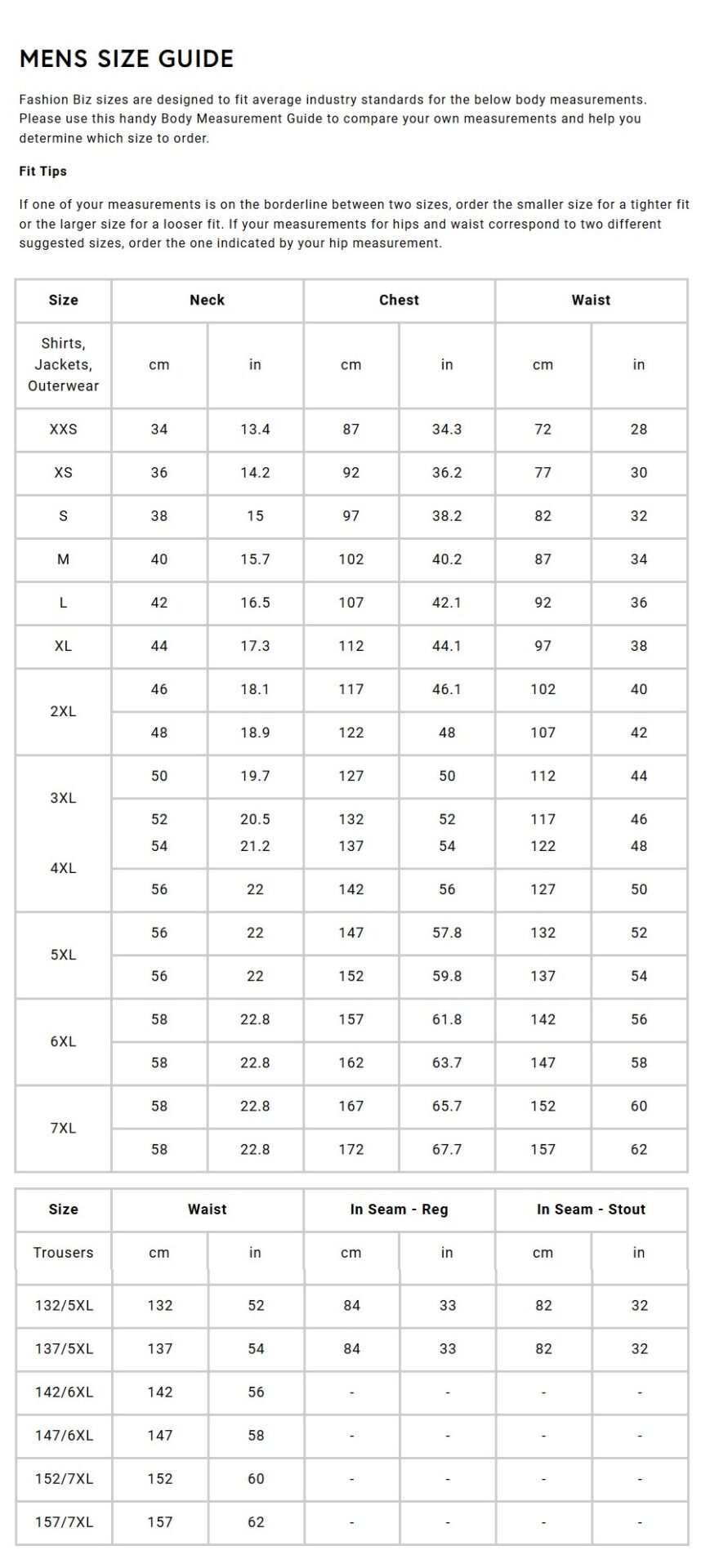Product Size Chart