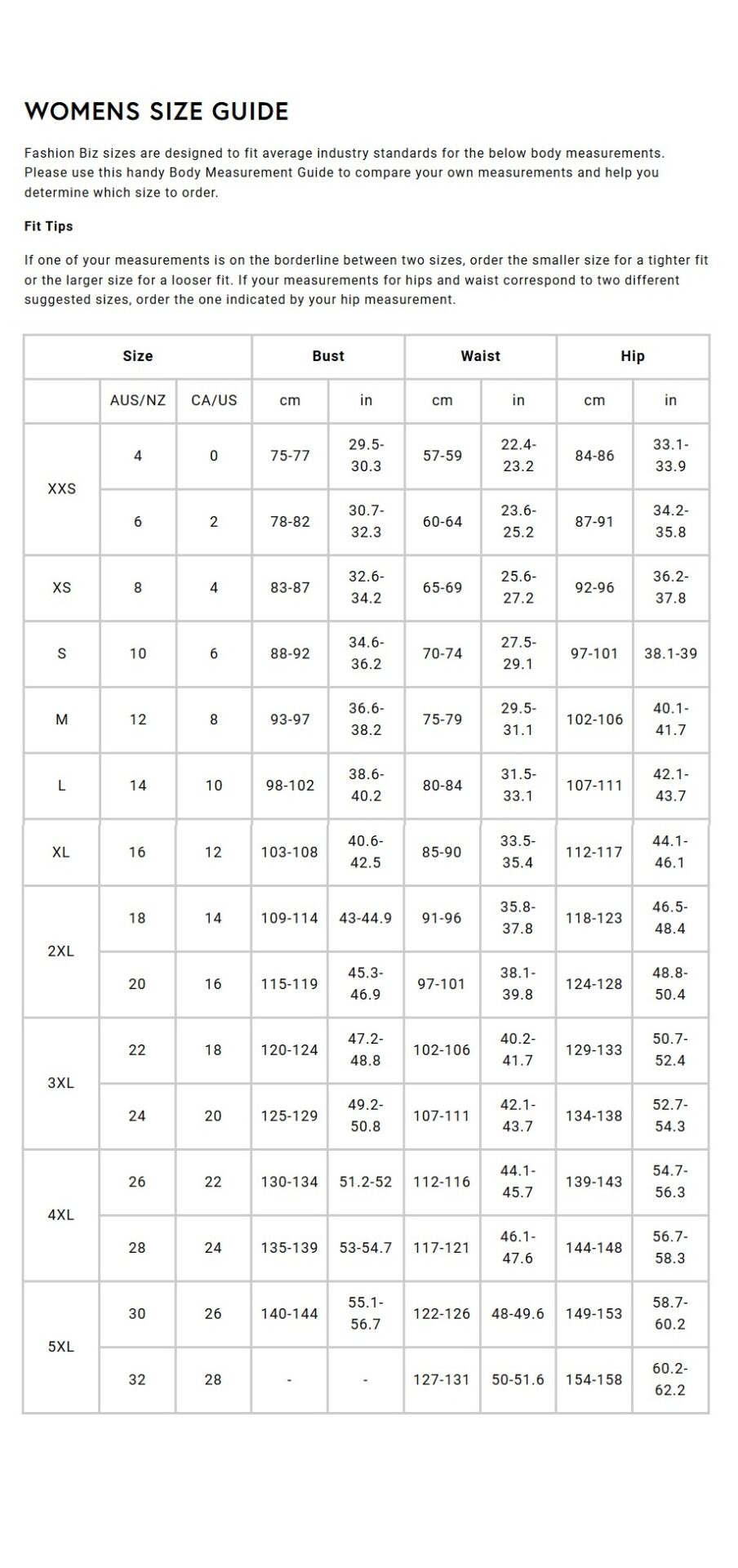 Product Size Chart